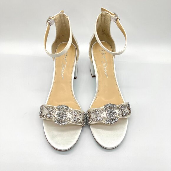 Betsey Johnson Womens 8M Mel Ivory White Satin Jeweled Heels Dress Sandals Shoes - Picture 3 of 14